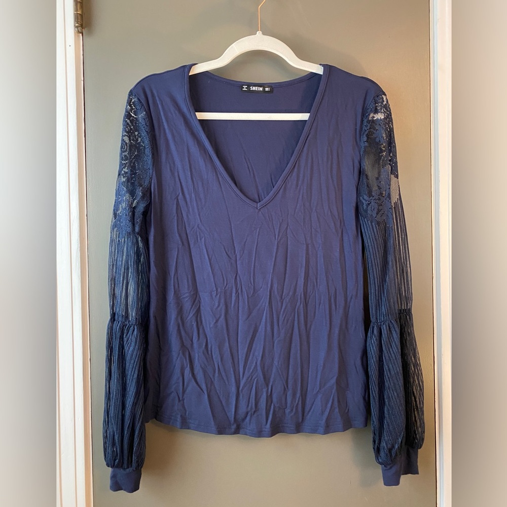 Navy Blue & Lace Sleeve Blouse